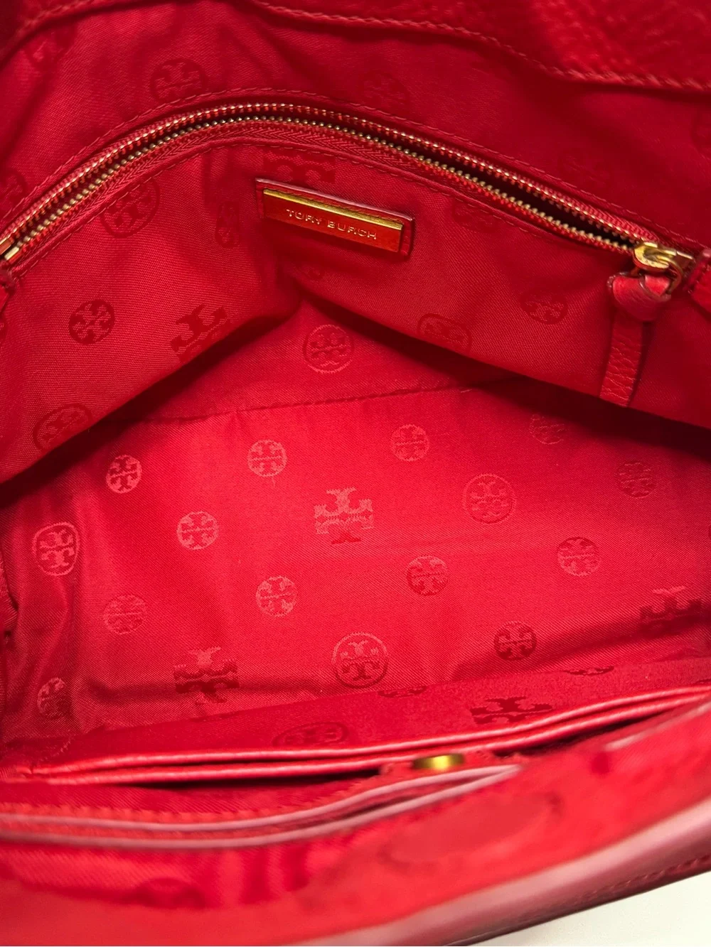 Tory Burch Red Pebbled Leather Satchel with Gold Hardware